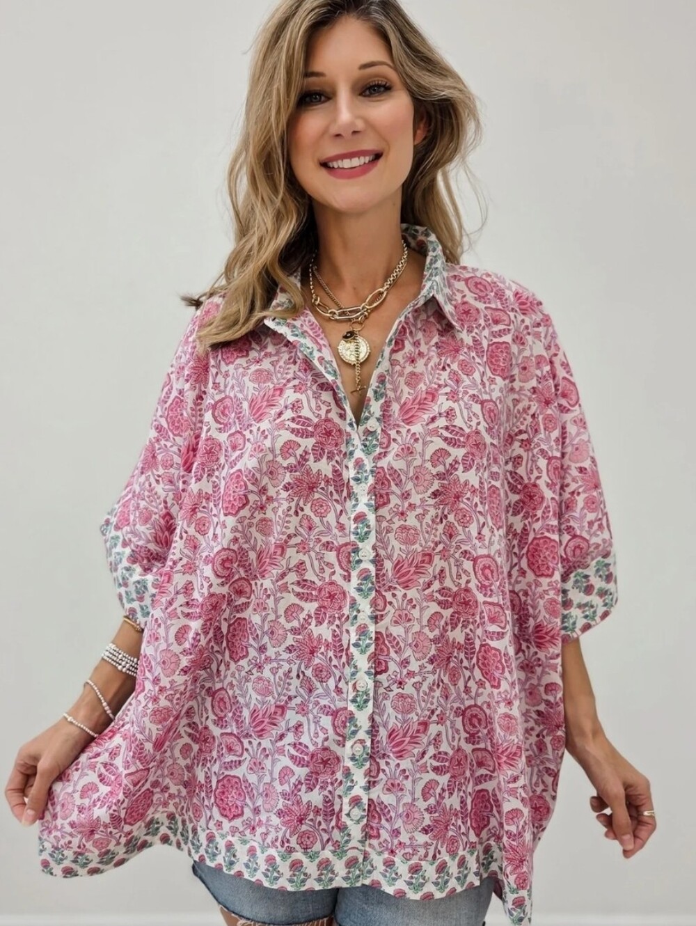 NEW!!! POL Women's Pink Floral Button-Front Top, NWT